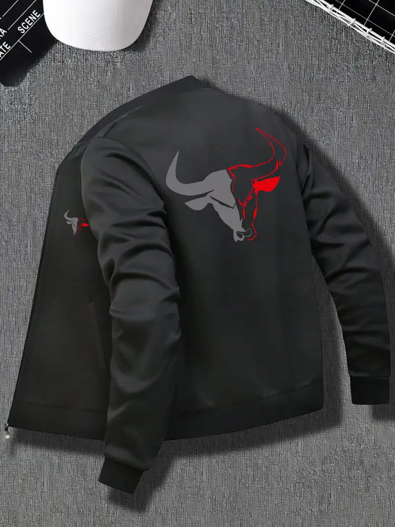 1pc Men'S Casual American Style Stand Collar Jacket - Geometric Bull Pattern