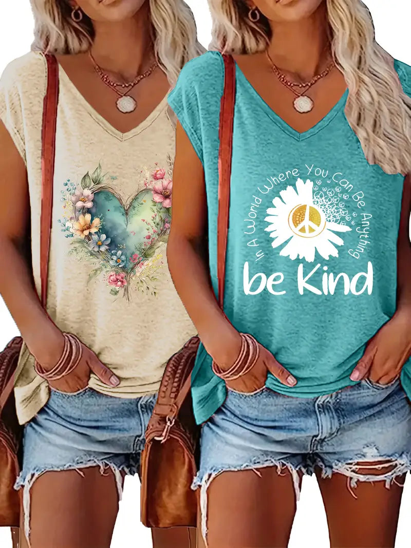 2pcs Spring/Summer New Arrival V-Neck Loose Casual Print T-Shirt Set