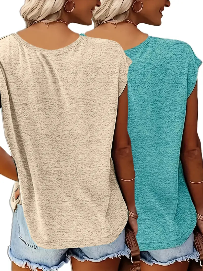 2pcs Spring/Summer New Arrival V-Neck Loose Casual Print T-Shirt Set