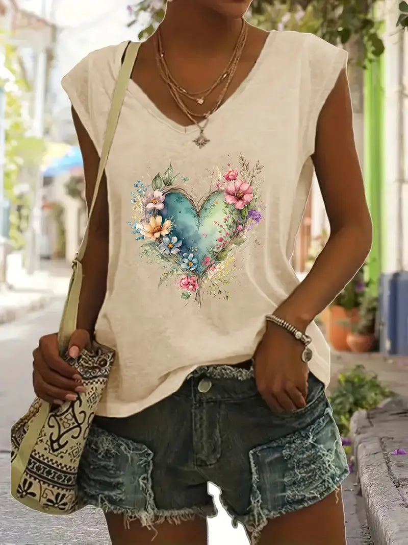 2pcs Spring/Summer New Arrival V-Neck Loose Casual Print T-Shirt Set
