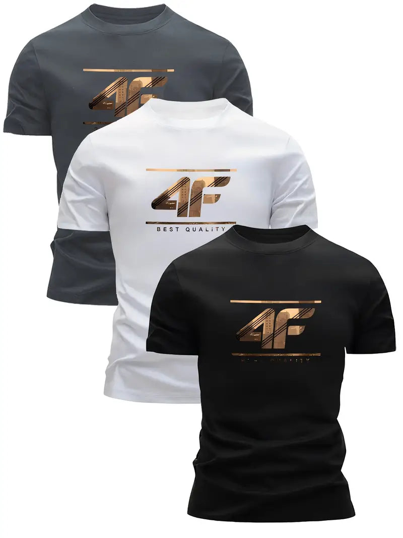 3pcs Men's 4F Logo T-Shirts - Moisture-Wicking Breathable Short Sleeve Tees with 4F Logo Print