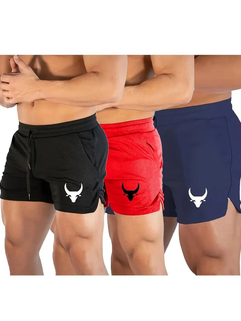 3pcs Men's Original Design Bull Head Printed Basketball Sports Running Fitness Fast Drying Comfortable Breathable Beach Shorts