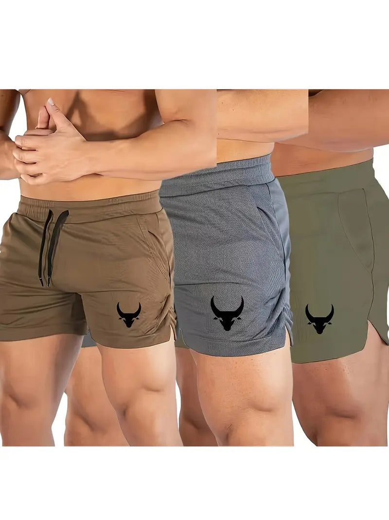3pcs Men's Original Design Bull Head Printed Basketball Sports Running Fitness Fast Drying Comfortable Breathable Beach Shorts