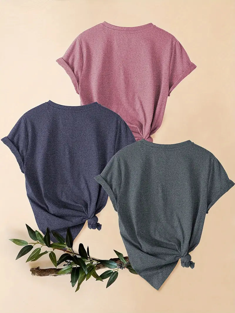 3pcs Women's Vintage-Inspired Graphic Tees - Floral & Heart Print Casual Short Sleeve T-Shirts