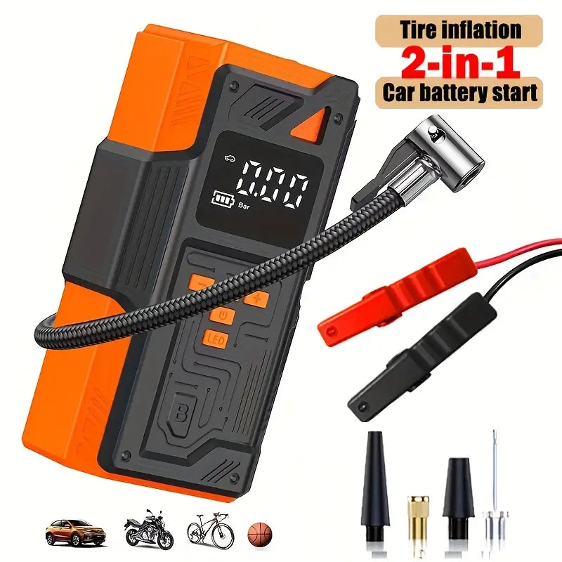 5-in-1 Multifunctional Inflator Starter, 150PSI Digital Tire Pump, Air Compressor, Car Battery Charger & LED Flashlight