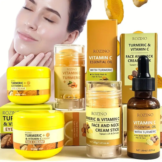 5pcs Turmeric Vitamin C Facial and Hand Foot Care Set, Hydrating Moisturizing Cream with Fine Texture, Instant Hydration, Brightening, Plumping Light Beige, Softens, Smooths, and Balances Light Beige