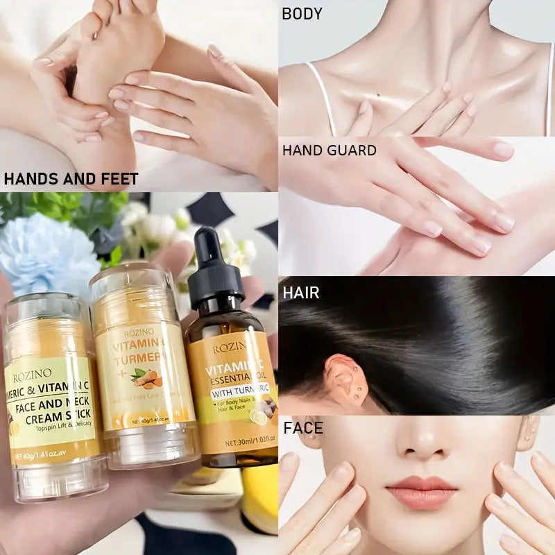 5pcs Turmeric Vitamin C Facial and Hand Foot Care Set, Hydrating Moisturizing Cream with Fine Texture, Instant Hydration, Brightening, Plumping Light Beige, Softens, Smooths, and Balances Light Beige