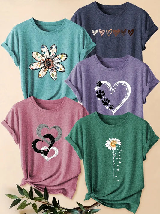 5pcs Women's Retro Graphic Print T-Shirts - Floral