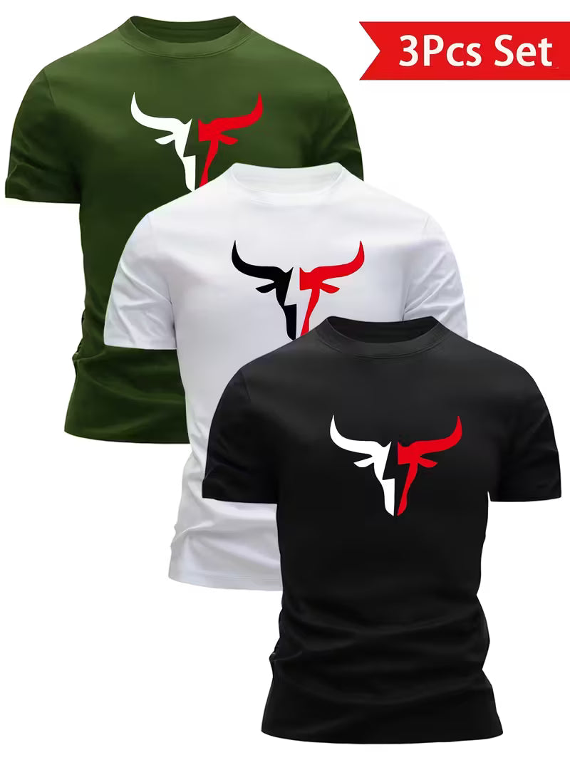 3Pcs Bull Head Print  Short Sleeve T-shirt