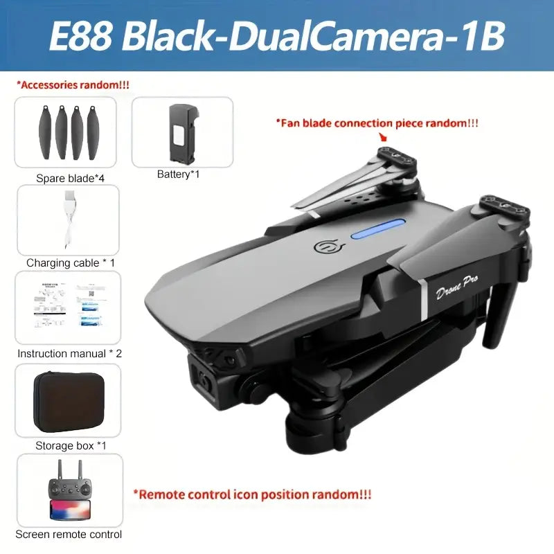 Popular E88 Drone with HD Dual Camera, Black and White, Long Battery Life, One-Key Return, WiFi Connection, Beginner-Friendly Quadcopter for Aerial Photography, Height Hold, Suitable for Beginners' Use, Professional Drone