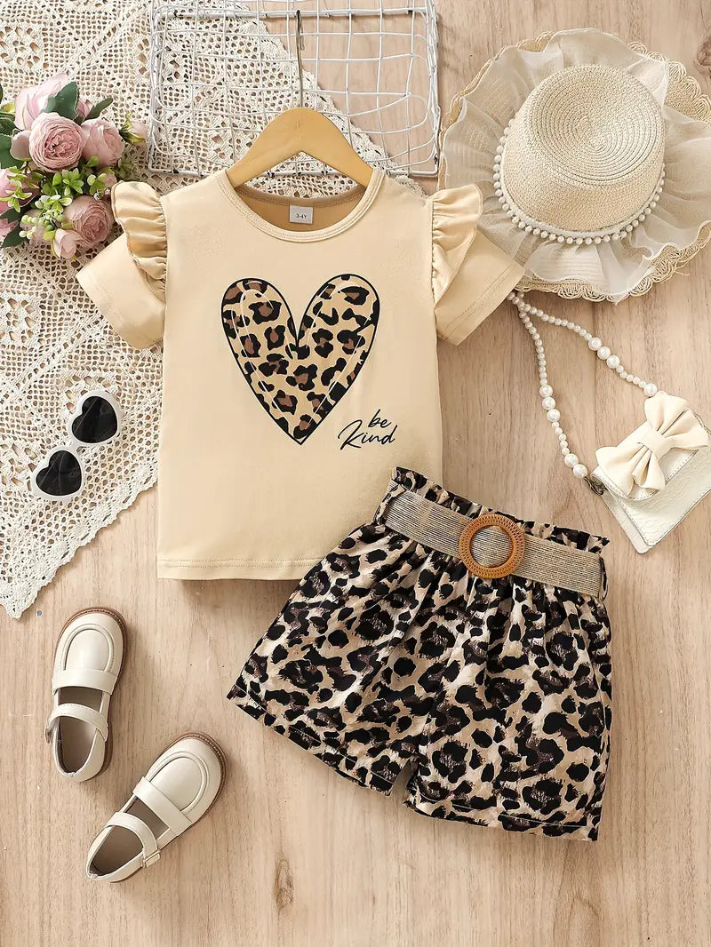 Heart-Shaped Leopard Print English Letter Print Puff Sleeve