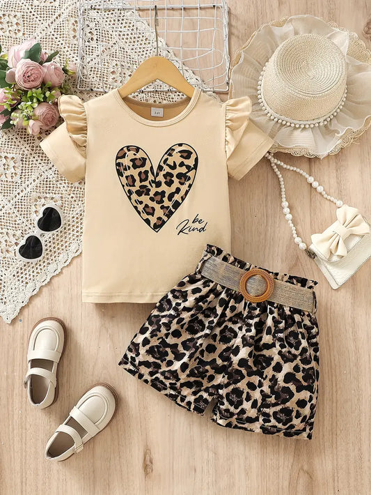 Heart-Shaped Leopard Print English Letter Print Puff Sleeve