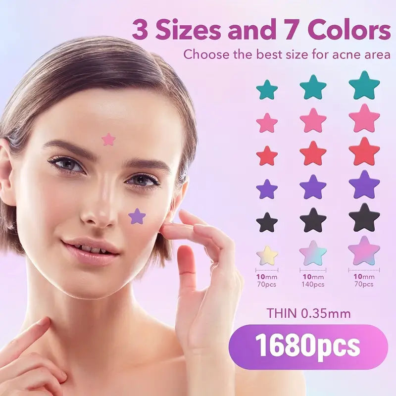 1680 Count HITWORKER Pimple Patches - Hydrocolloid Cover, High Quality & Star-Shaped Multi-Color (6+ Colors) for All Light Beige Types, Invisible Under Makeup, Daily Use, Creative Skincare Product, Blemish Cover, Nonirritating Material, Teens And Adults