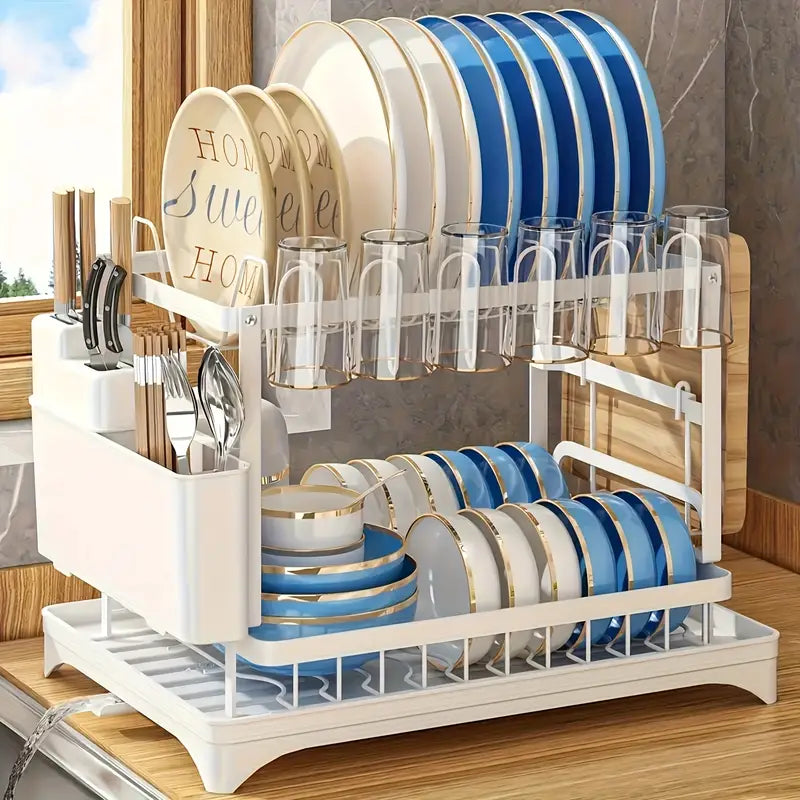 Heavy-Duty Stainless Steel-Like Dish Drying Rack with Adjustable Drainboard, Rotatable Dish Drainer, Utensil & Cup Holders, Space-Saving Kitchen Counter Organizer - Compact Dish Drainer for Plates, Pots, Pans