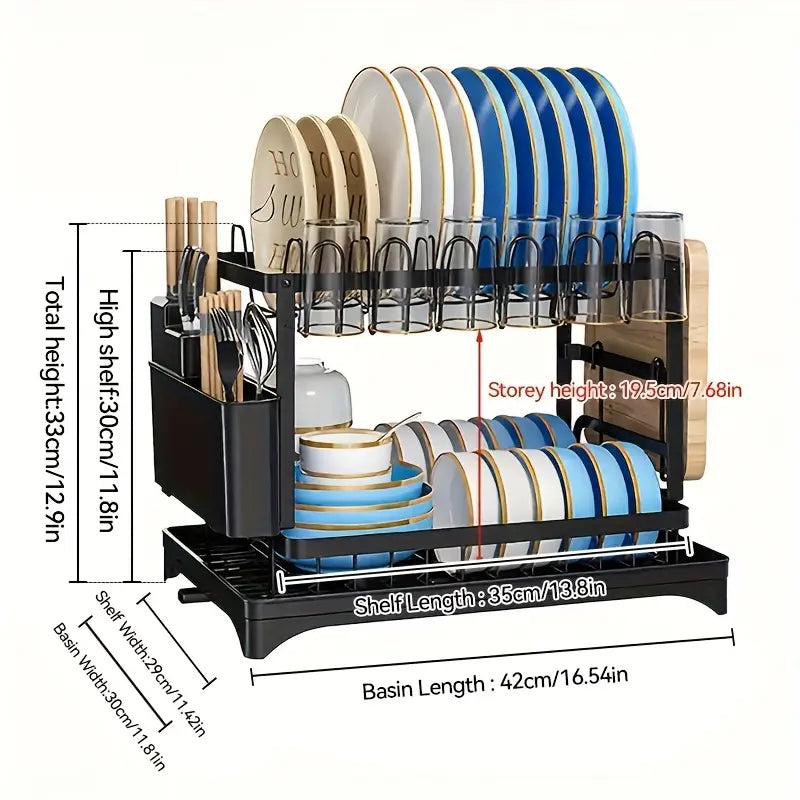 Heavy-Duty Stainless Steel-Like Dish Drying Rack with Adjustable Drainboard, Rotatable Dish Drainer, Utensil & Cup Holders, Space-Saving Kitchen Counter Organizer - Compact Dish Drainer for Plates, Pots, Pans