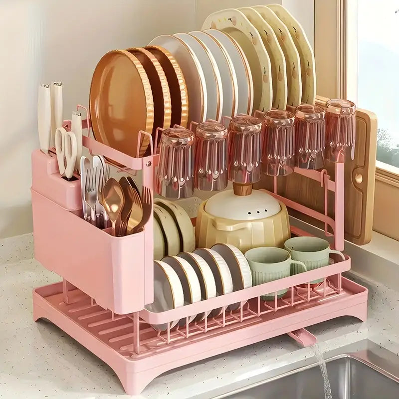 Heavy-Duty Stainless Steel-Like Dish Drying Rack with Adjustable Drainboard, Rotatable Dish Drainer, Utensil & Cup Holders, Space-Saving Kitchen Counter Organizer - Compact Dish Drainer for Plates, Pots, Pans