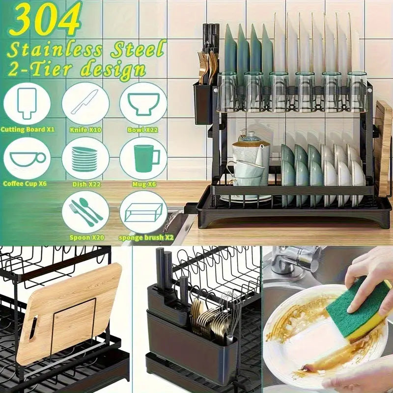 Heavy-Duty Stainless Steel-Like Dish Drying Rack with Adjustable Drainboard, Rotatable Dish Drainer, Utensil & Cup Holders, Space-Saving Kitchen Counter Organizer - Compact Dish Drainer for Plates, Pots, Pans
