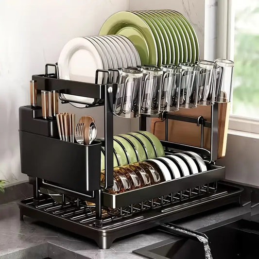 Heavy-Duty Stainless Steel-Like Dish Drying Rack with Adjustable Drainboard, Rotatable Dish Drainer, Utensil & Cup Holders, Space-Saving Kitchen Counter Organizer - Compact Dish Drainer for Plates, Pots, Pans