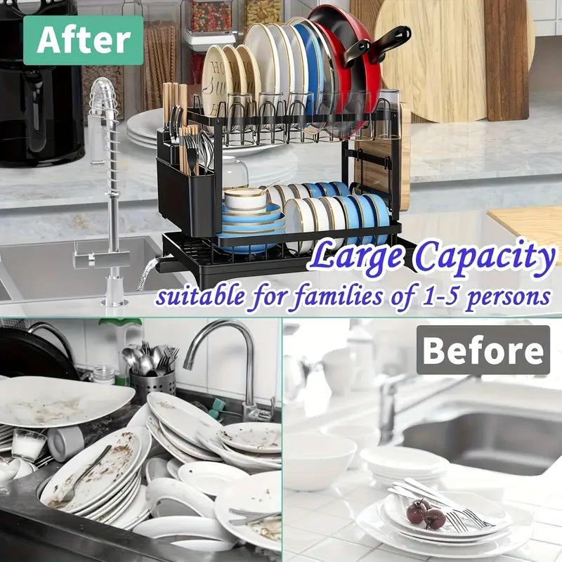 Heavy-Duty Stainless Steel-Like Dish Drying Rack with Adjustable Drainboard, Rotatable Dish Drainer, Utensil & Cup Holders, Space-Saving Kitchen Counter Organizer - Compact Dish Drainer for Plates, Pots, Pans