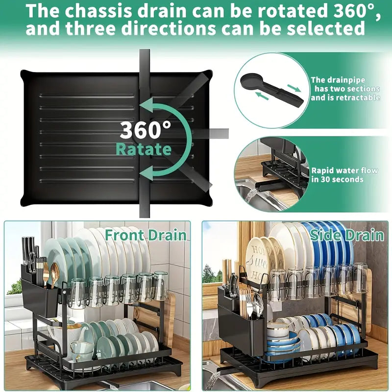 Heavy-Duty Stainless Steel-Like Dish Drying Rack with Adjustable Drainboard, Rotatable Dish Drainer, Utensil & Cup Holders, Space-Saving Kitchen Counter Organizer - Compact Dish Drainer for Plates, Pots, Pans