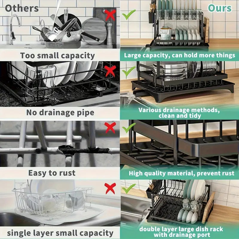 Heavy-Duty Stainless Steel-Like Dish Drying Rack with Adjustable Drainboard, Rotatable Dish Drainer, Utensil & Cup Holders, Space-Saving Kitchen Counter Organizer - Compact Dish Drainer for Plates, Pots, Pans