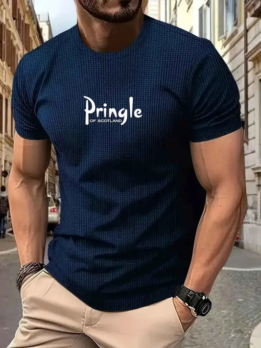 Men'S Waffle Short Sleeve T-Shirt - "Pringle of Scotland" Print