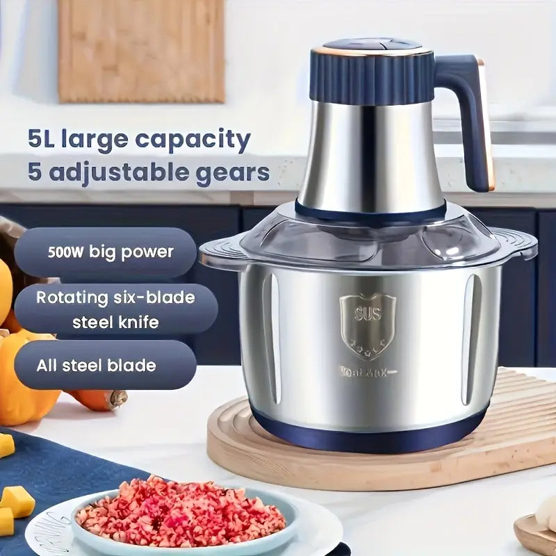 Multifunctional Electric Chopper Food Processor Stainless Steel Five-Speed, Six Pure Steel Blades, Quick Meat Grinder, Home Use Meat Mincer, Chop and Crush, Suitable for Kitchen, Vegetables, Onions, Garlic, Salad, Baby Food