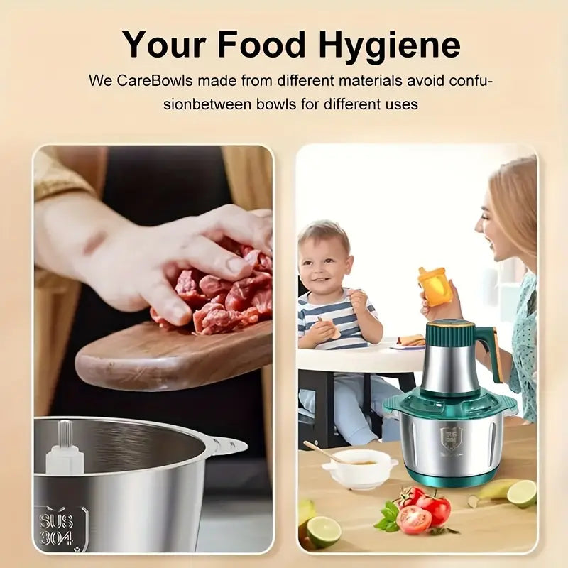 Multifunctional Electric Chopper Food Processor Stainless Steel Five-Speed, Six Pure Steel Blades, Quick Meat Grinder, Home Use Meat Mincer, Chop and Crush, Suitable for Kitchen, Vegetables, Onions, Garlic, Salad, Baby Food