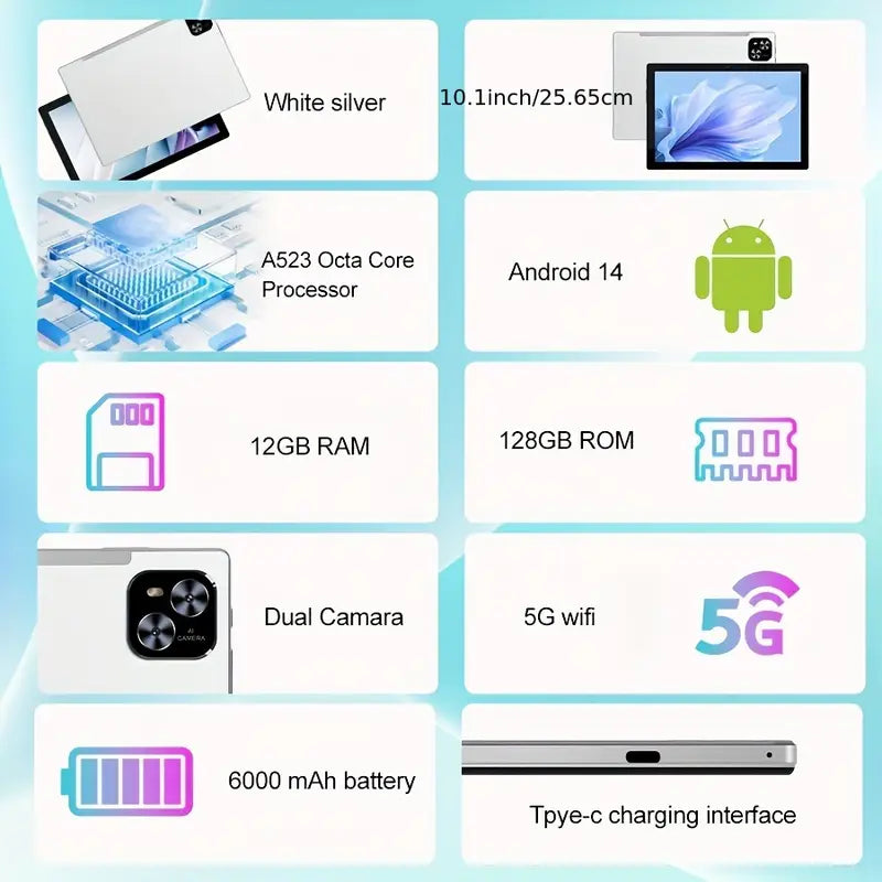 Tablet 10.1 Inch Android 14 OS Pad, 2in 1 Pad with Keyboard, Mouse, Case, Stylus, 128GB ROM 12GB 4GB+8GB Expanded RAM, Dual Camera, Eight Core Processor, 1280 * 800 IPS High-definition Display Screen, GMS Tab, 5G Wi Fi 6, Google, Pad, Tablet