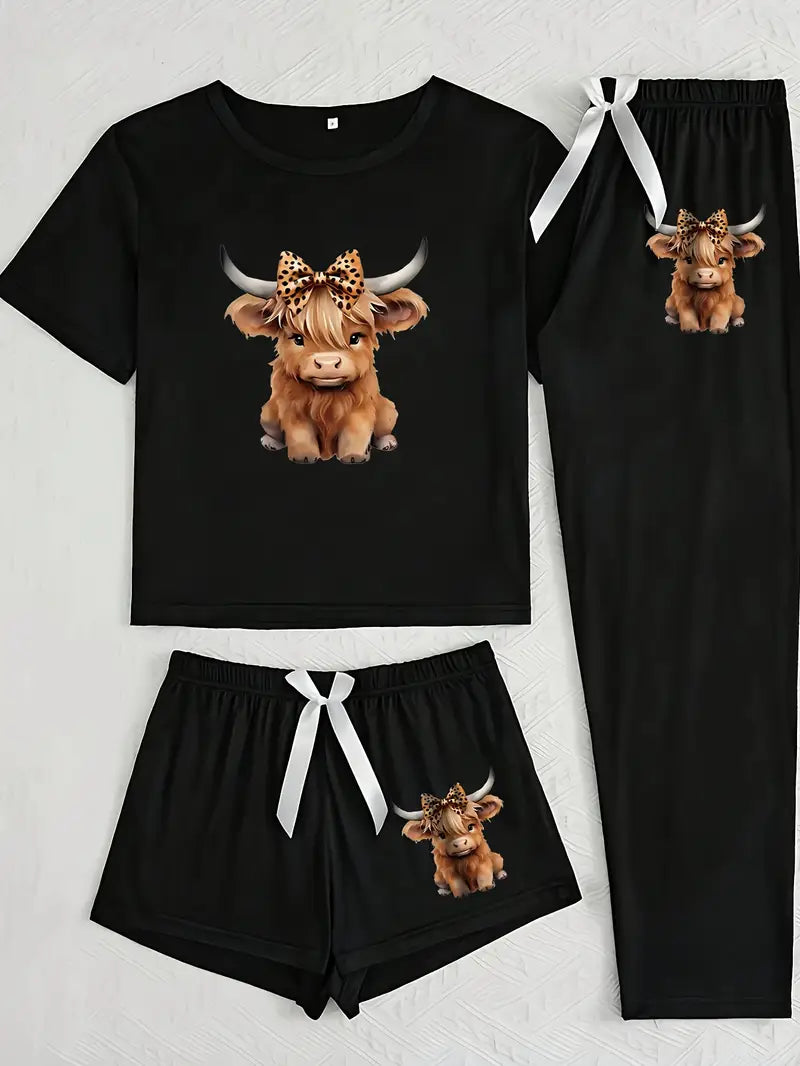 Women'S Cartoon Highland Cow Print Short-Sleeved Three-Piece Pajamas Suit