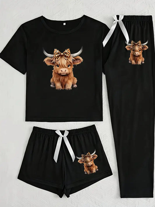 Women'S Cartoon Highland Cow Print Short-Sleeved Three-Piece Pajamas Suit