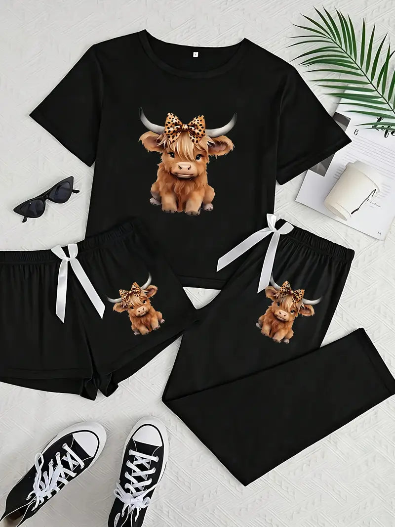 Women'S Cartoon Highland Cow Print Short-Sleeved Three-Piece Pajamas Suit