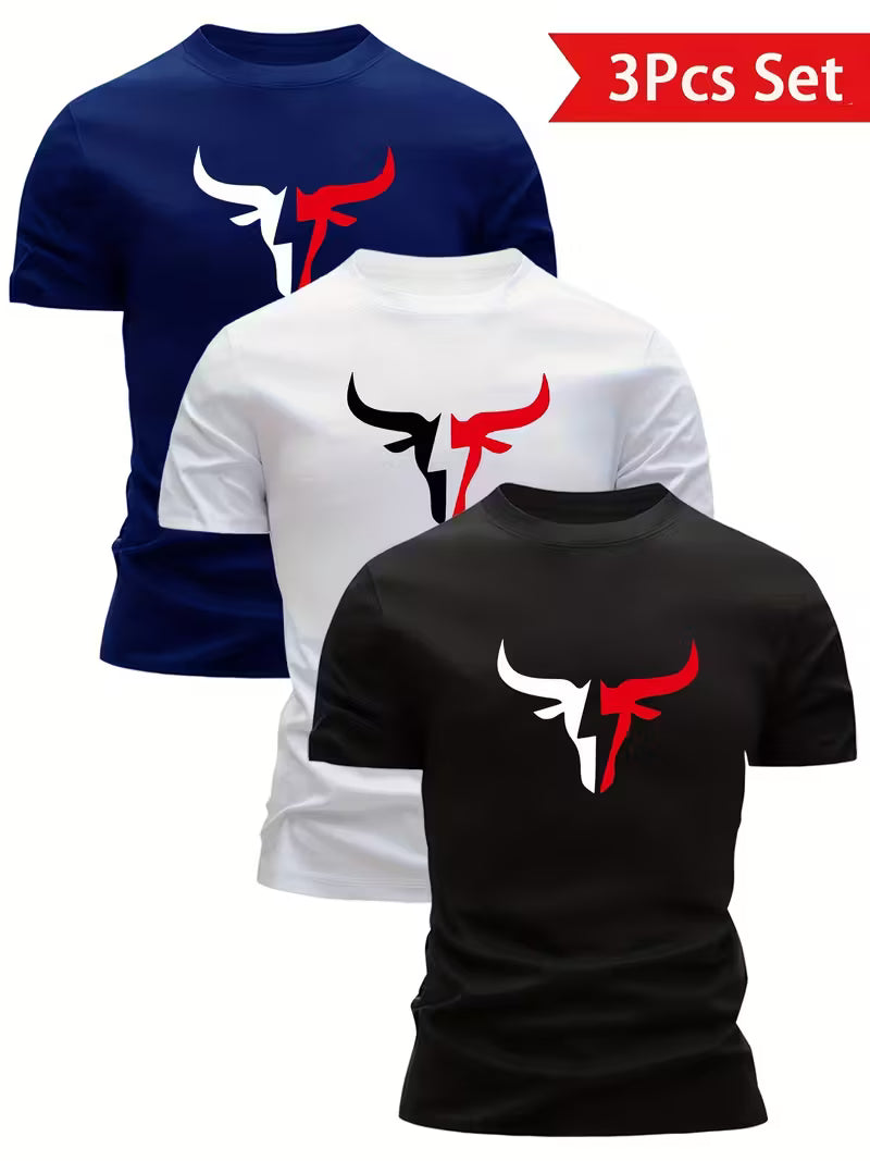 3Pcs Bull Head Print  Short Sleeve T-shirt