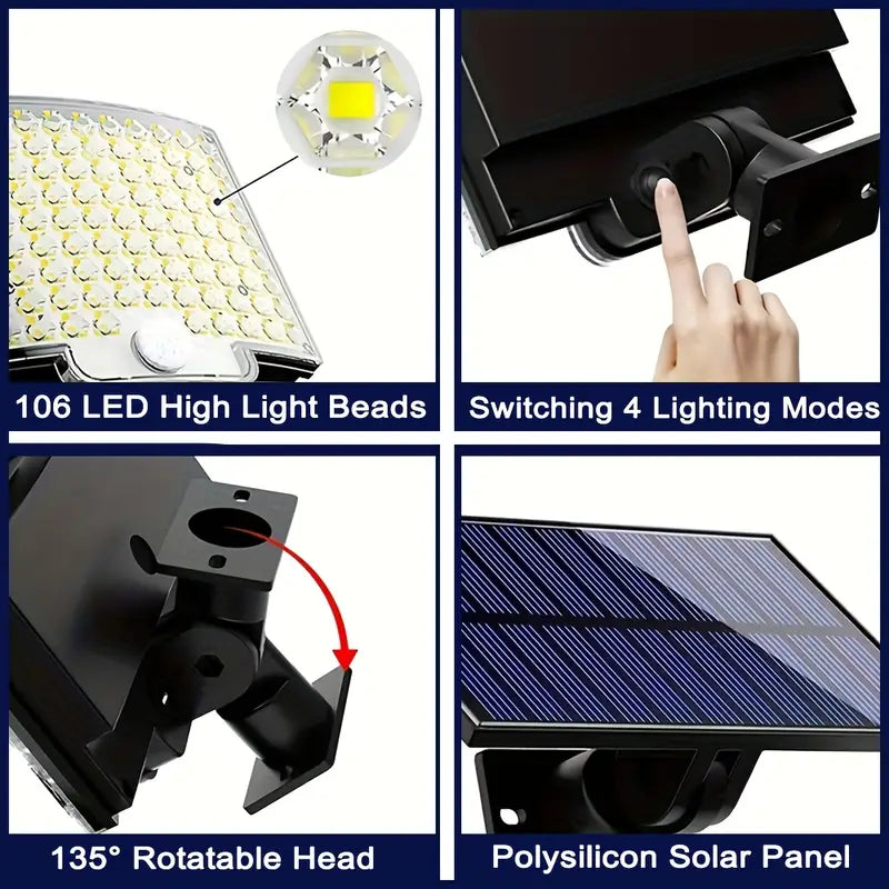 Solar wall sconce, 106 LED solar outdoor light with motion sensor, adjustable angle, yard garden solar wall sconce with 279.4cm cable