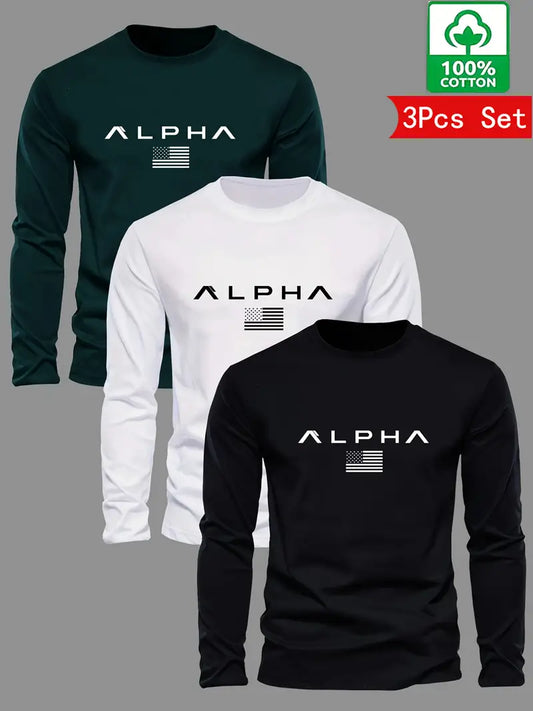 3pcs Men'S Long Sleeve T-Shirts - 100% Cotton Crewneck Tops, Navy/White/Black Color Options - Everyday & Formal Wear - Machine Washable Casual Shirt for Office, Outings - Minimalist Everyday Essentials, Classic Fit Tee, Breathable Fabric, Relaxed Style,