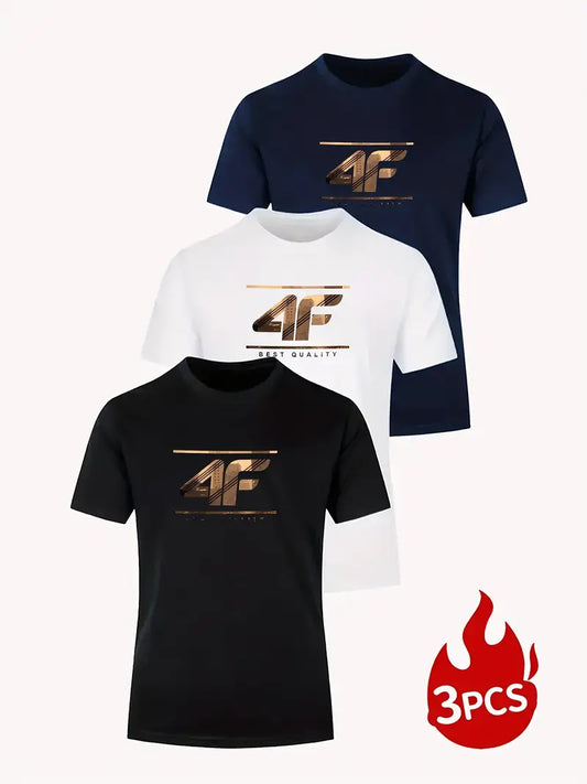 3pcs Men's 4F Logo T-Shirts - Moisture-Wicking Breathable Short Sleeve Tees with 4F Logo Print