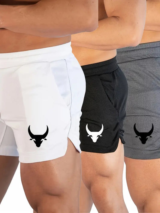 3pcs Men's Original Design Bull Head Printed Basketball Sports Running Fitness Fast Drying Comfortable Breathable Beach Shorts