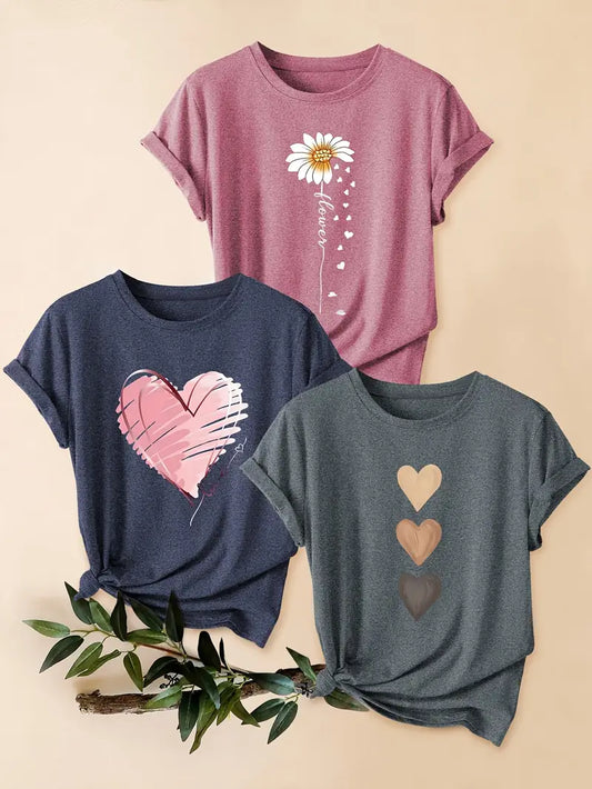 3pcs Women's Vintage-Inspired Graphic Tees - Floral & Heart Print Casual Short Sleeve T-Shirts