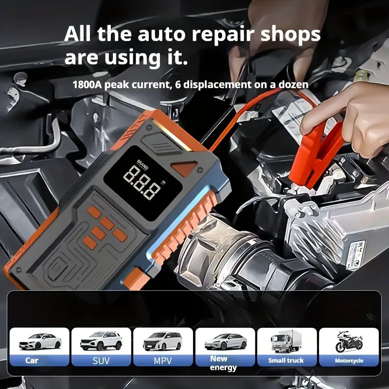 5-in-1 Multifunctional Inflator Starter, 150PSI Digital Tire Pump, Air Compressor, Car Battery Charger & LED Flashlight