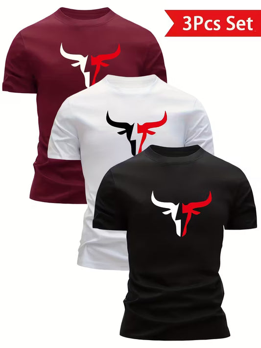 3Pcs Bull Head Print  Short Sleeve T-shirt